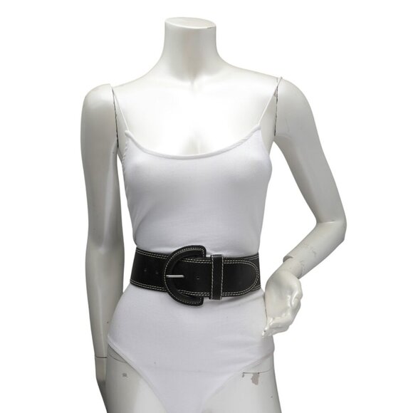 Belt Shak Vegan Leather Wide Belt Black Contrast Stitching Half Moon Buckle - Picture 5 of 11